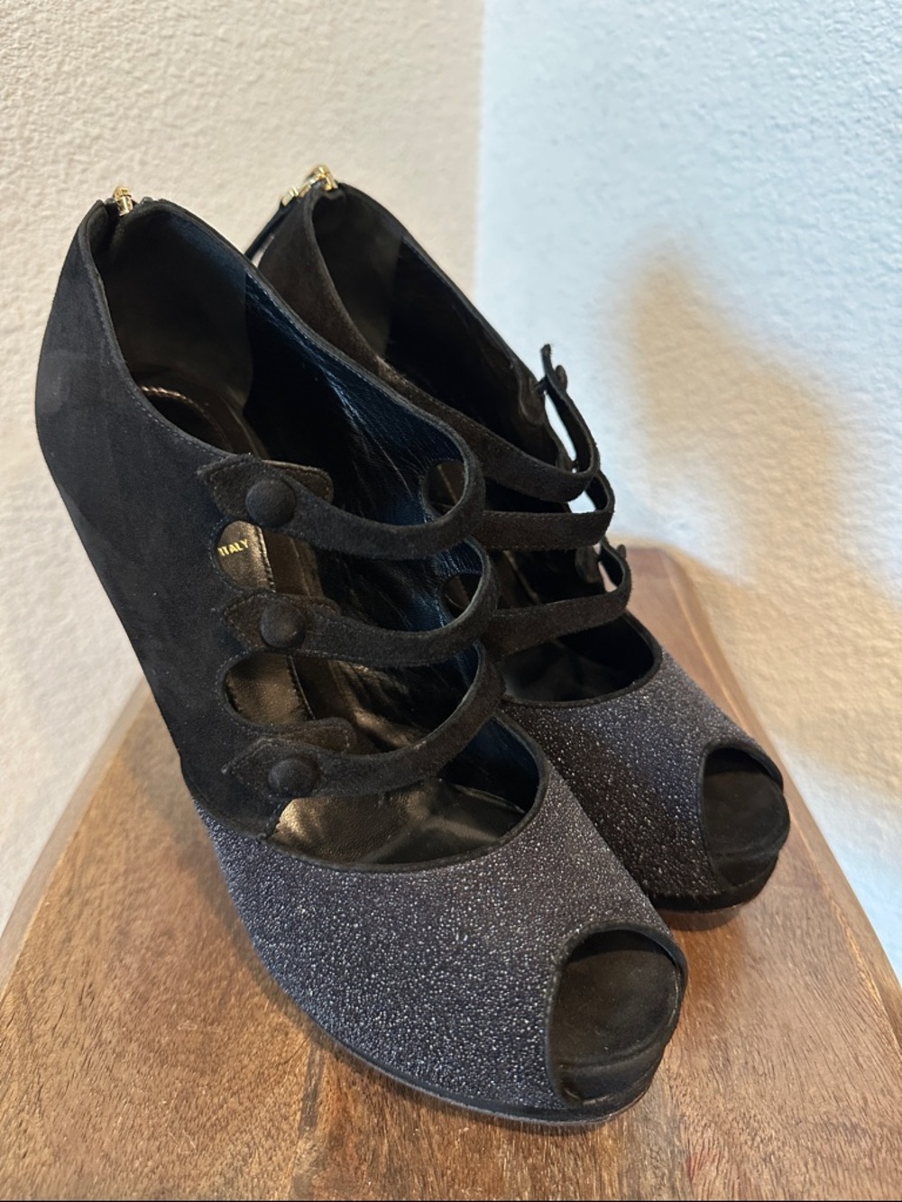 Fendi Black Suede & Glitter Peep-Toe Wedge Heels
